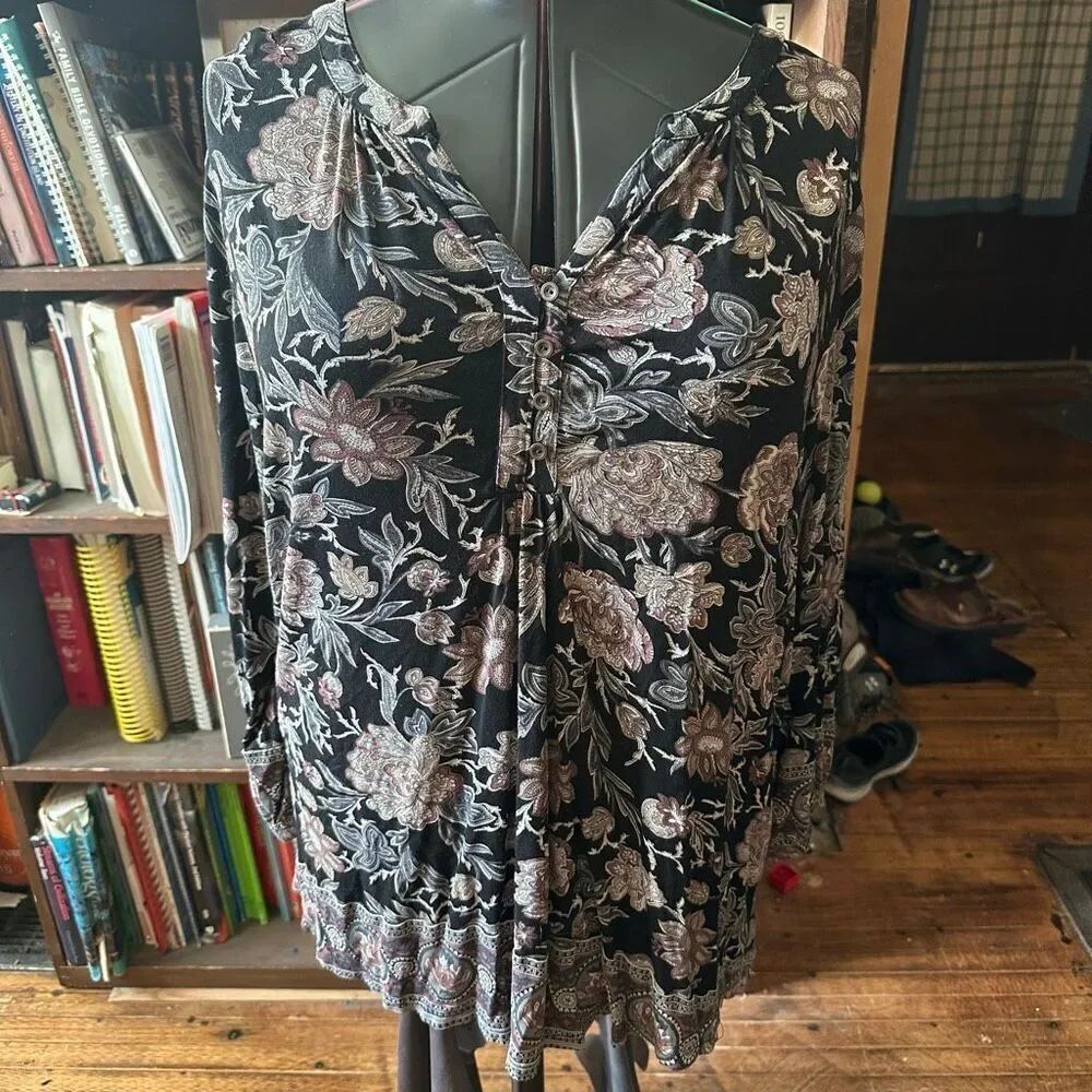Lucky Brand split neck boho flower flowy 2X blouse